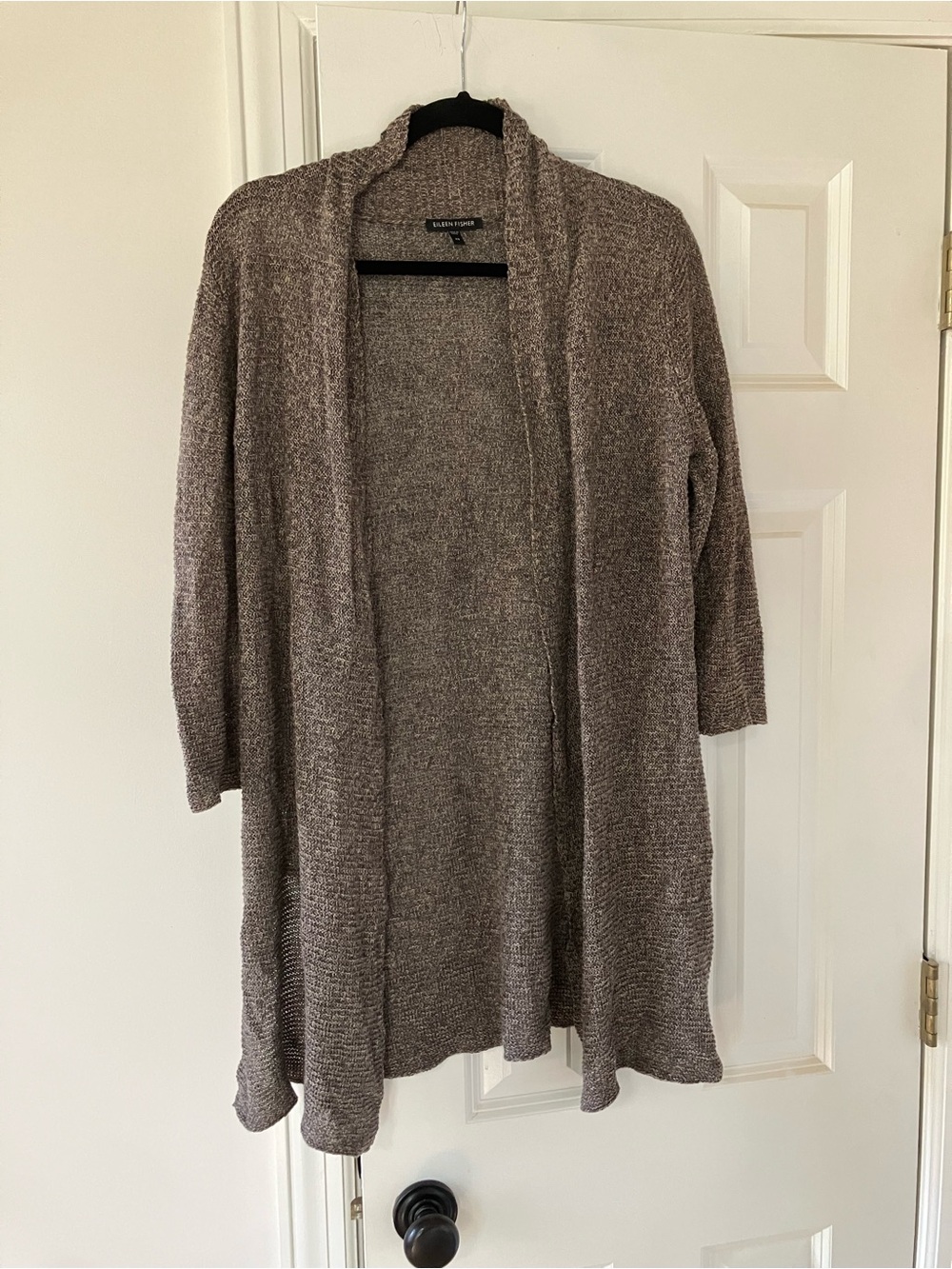 Eileen Fisher 100% Linen Open Front Long Cardigan Sweater XS Taupe Brown Knit